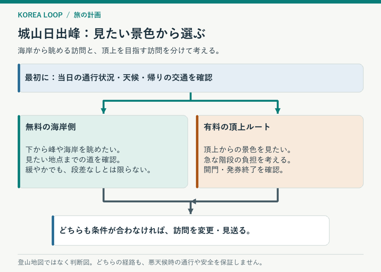 無料の海岸側と有料の頂上ルートを、景色の目的、階段、天候、通行状況で選ぶための判断図。